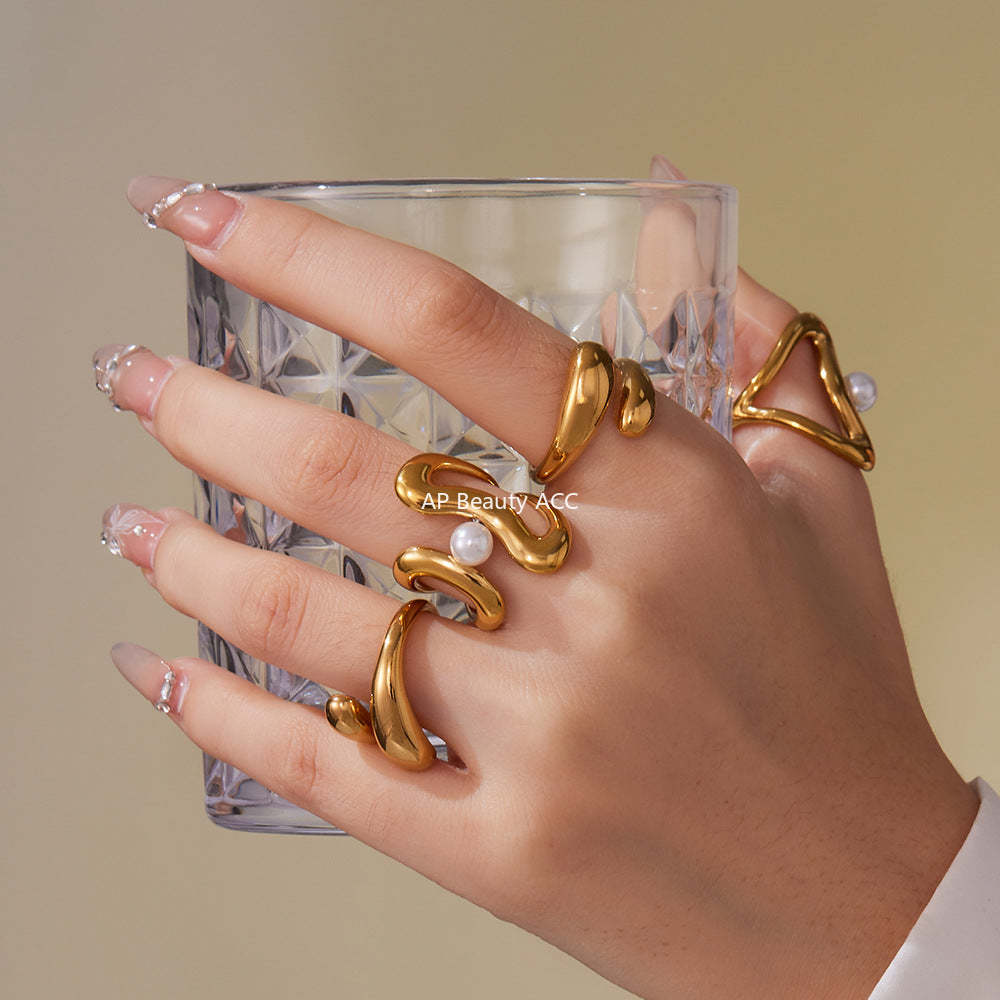 D관 - 스테인리스 스틸 기하학 라인 진주 오픈형 반지 [A388-A645] 25.09-4