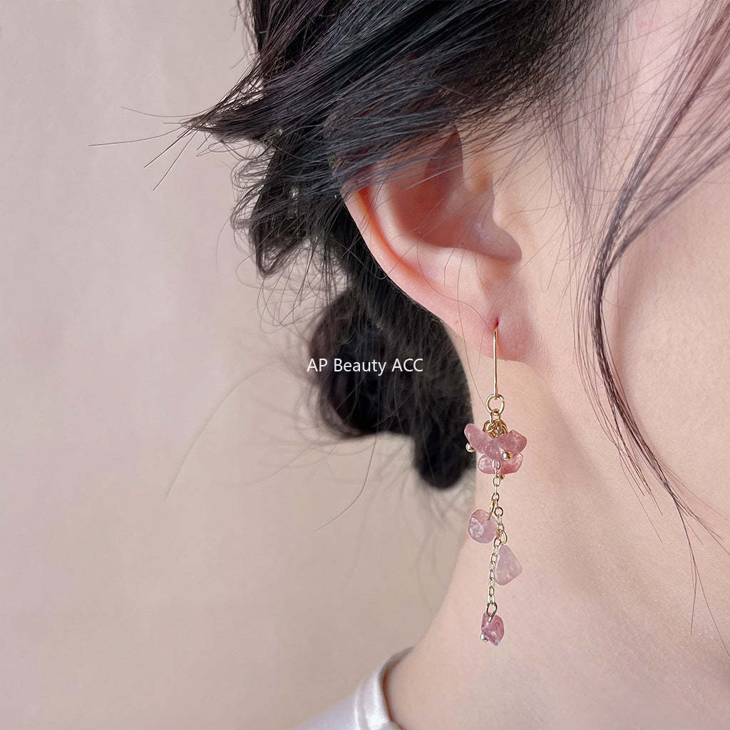 C관 - 14K 도금 숲 속 감성 천연석 스트로베리 쿼츠 원조 디자인 귀걸이 [4078] 24.05-3