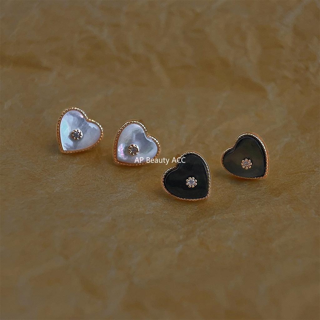 C관 - 14K 도금 은침 미니 자개 하트 큐빅 디자인 귀걸이 [3577-3578] 24.03-1