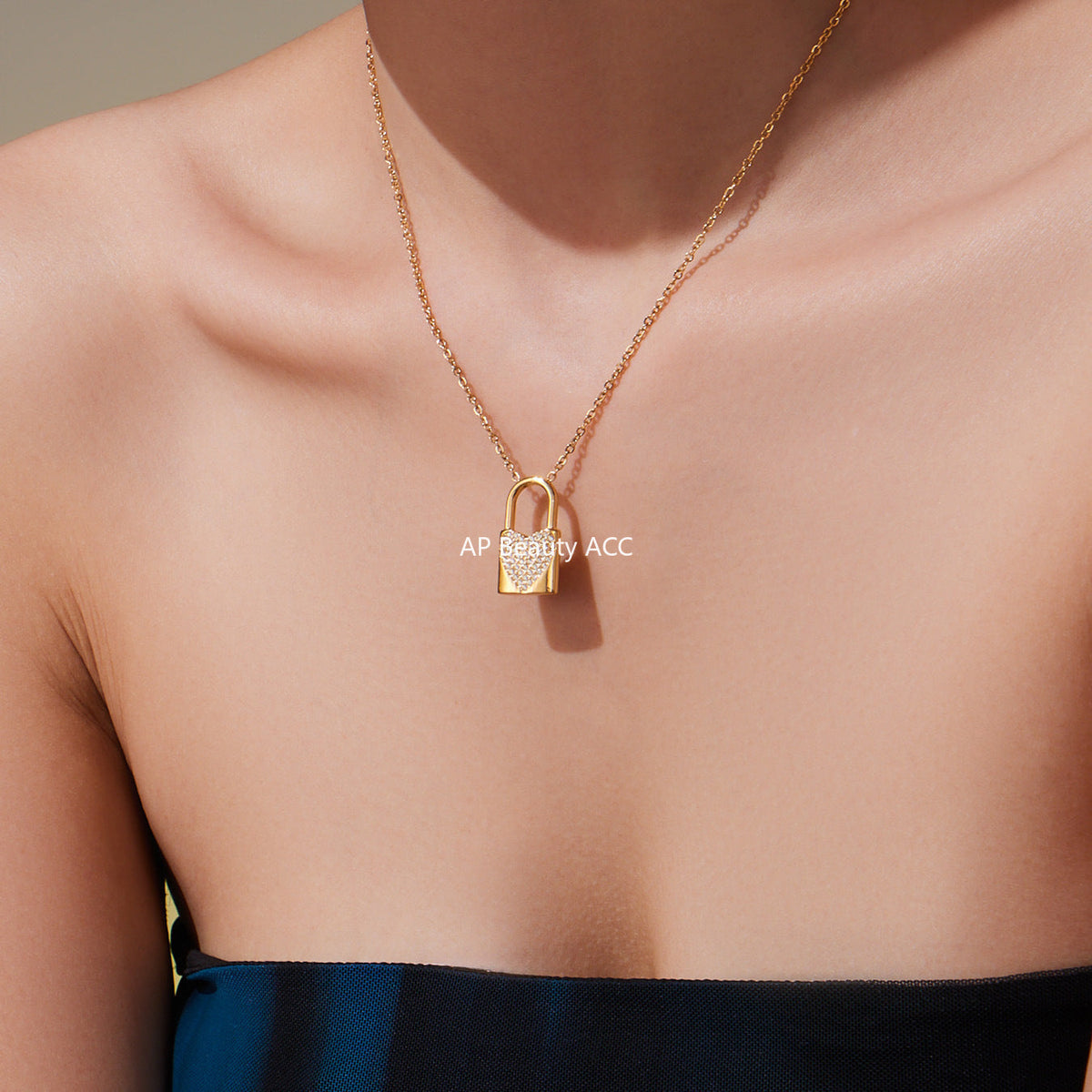 D관 - 18K 골드 도금 스테인리스 스틸 큐빅 하트 자물쇠 펜던트 목걸이 [P061] 25.10-1