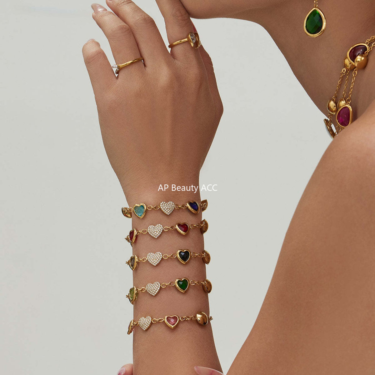 D관 - 컬러 레진 큐빅 하트 18K 도금 스테인리스 스틸 목걸이 팔찌 [TXP515] 25.12-2