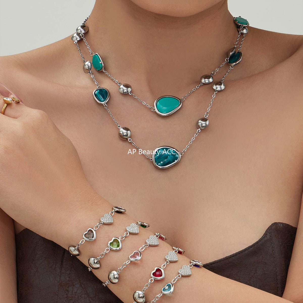 D관 - 컬러 레진 큐빅 하트 18K 도금 스테인리스 스틸 목걸이 팔찌 [TXP515] 25.12-2