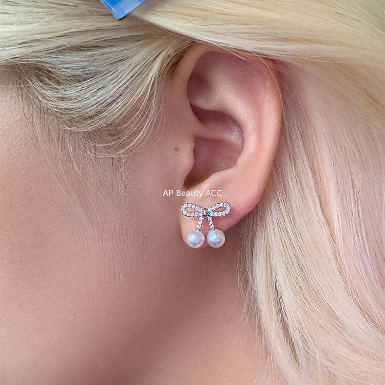 A관 - 큐빅 리본 진주 925 은침 귀걸이 [EH-4279] 25.12-2