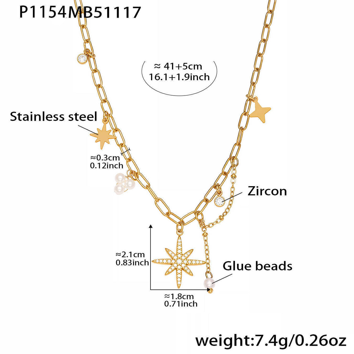 D관 - 스테인리스 스틸 팔각별 큐빅 펜던트 18K 도금 핸드메이드 목걸이 [P1154] 25.11-4