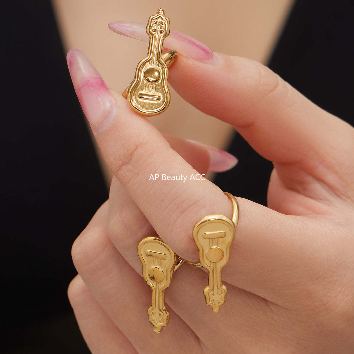 D관 - 스테인리스 스틸 18K 도금 미니 기타 오픈형 반지 [A542] 25.12-3