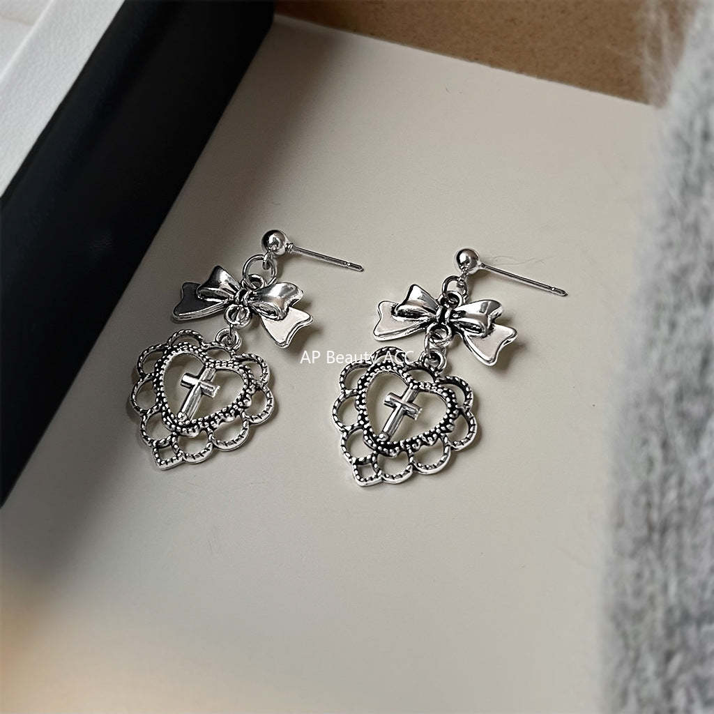 C관 - 리본 레이스 하트 925 은침 귀걸이 [7206] 25.12-2