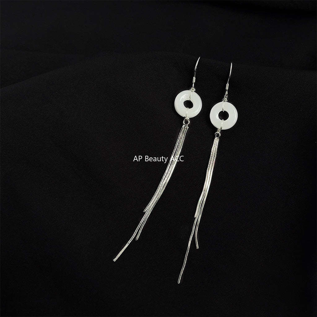 C관 - 긴 태슬 수제 복고풍 유리 크리스탈 은침 귀걸이 [3756] 24.04-4