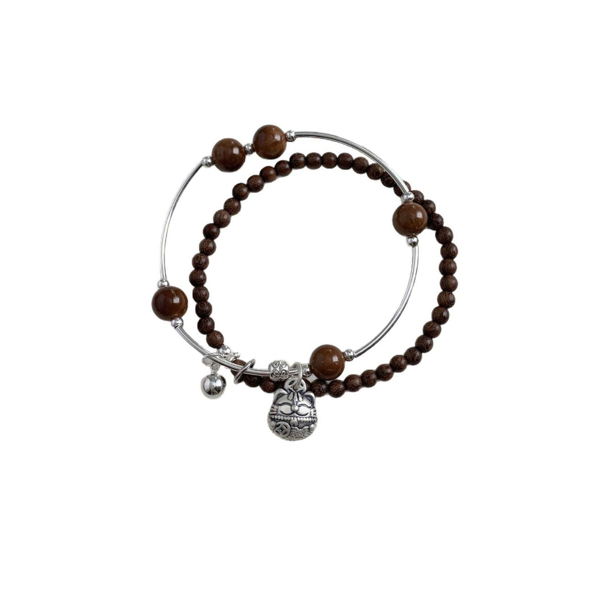 A관 - 복고양이 펜던트 보리수 금사남목 925 실버 팔찌 [1531] 25.11-3