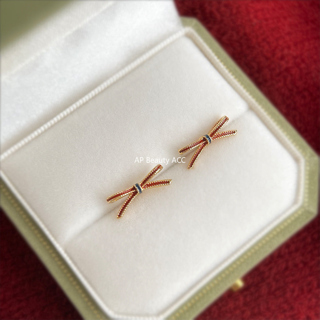 C관 - 925 은침 미니 와인 레드 리본 귀걸이 [6909] 25.10-2