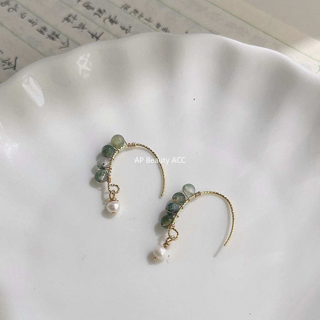 C관 - 천연석 녹색 수초 숲 속 스타일 14K 도금 은침 귀걸이 [3909] 24.05-1