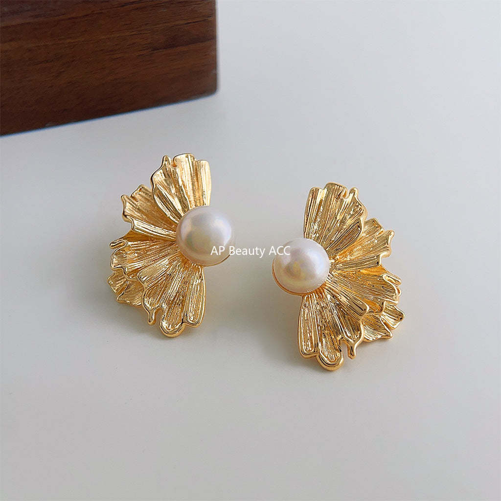 C관 - 14K 도금 담수 진주 꽃 모양 우아한 귀걸이 [4136] 24.06-1