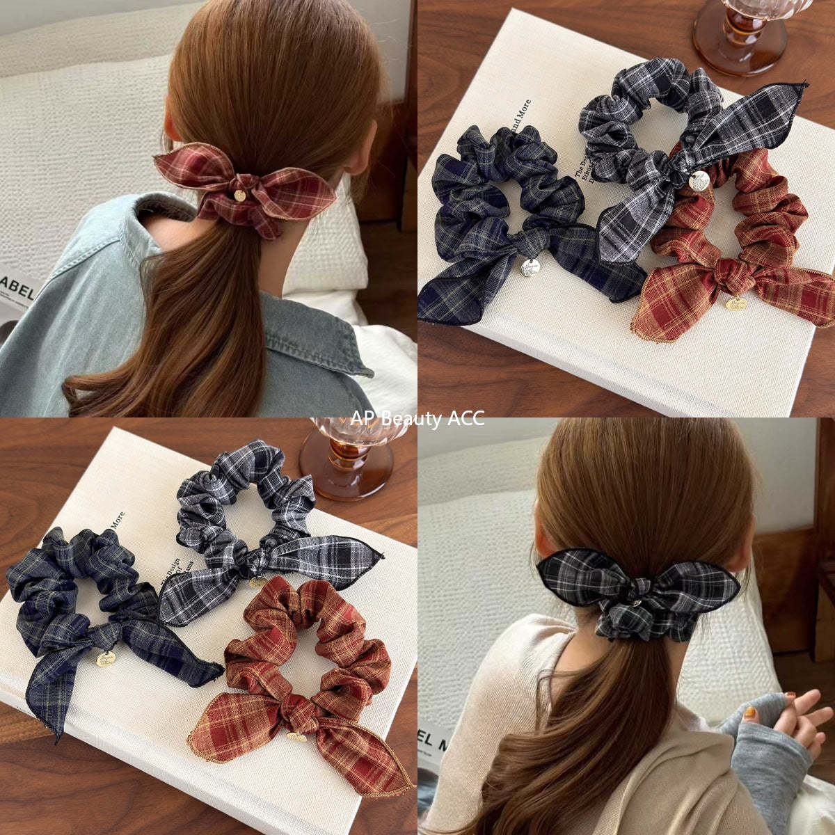 E관 - 레트로 체크 리본 머리끈 모양 곱창 헤어밴드 [27646] 25.11-1