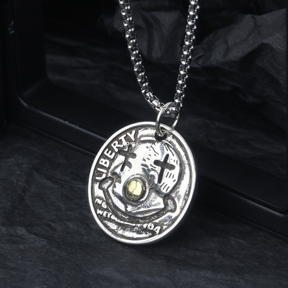 G관 - 빈티지 실버색 조커 스마일 원형 펜던트 목걸이 [X1203] 25.10-2