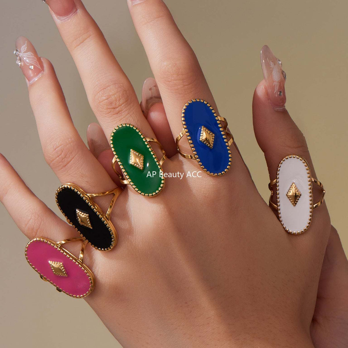 D관 - 스테인리스 스틸 컬러 에나멜 타원형 투 레이어 18K 도금 반지 [A719] 25.09-4