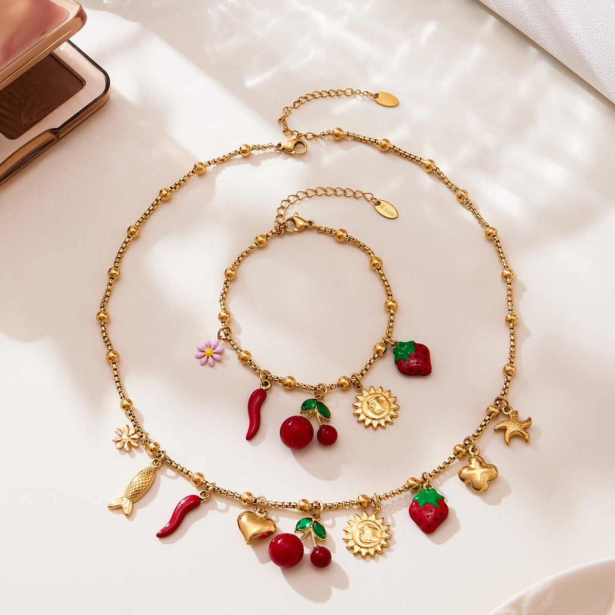 D관 - 18K 도금 스테인리스 스틸 체리 플라워 펜던트 목걸이 팔찌 [TXP449] 25.10-4