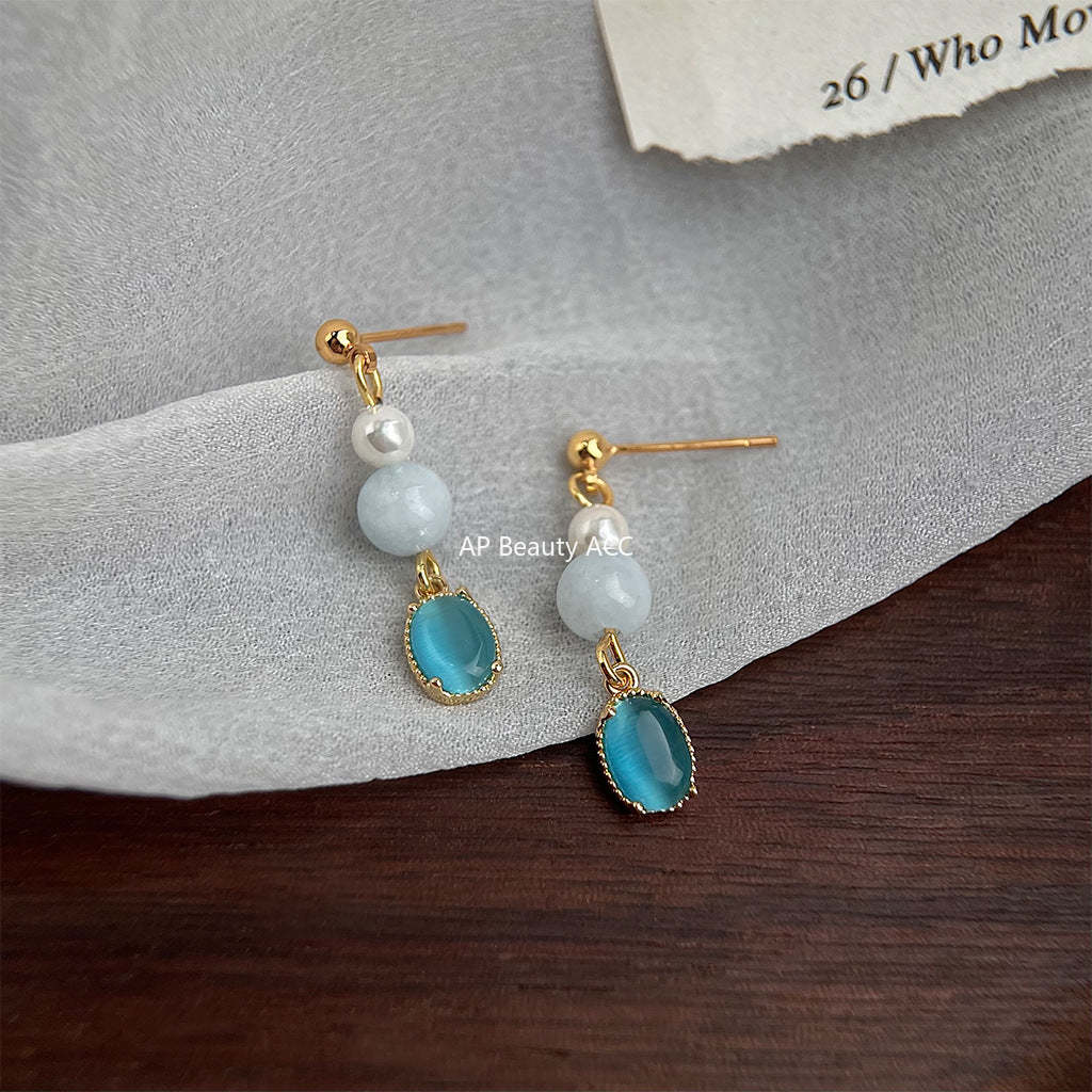 C관 - 글래스 묘안석 핸드메이드 진주 아쿠아마린 귀걸이 [5582] 25.02-3