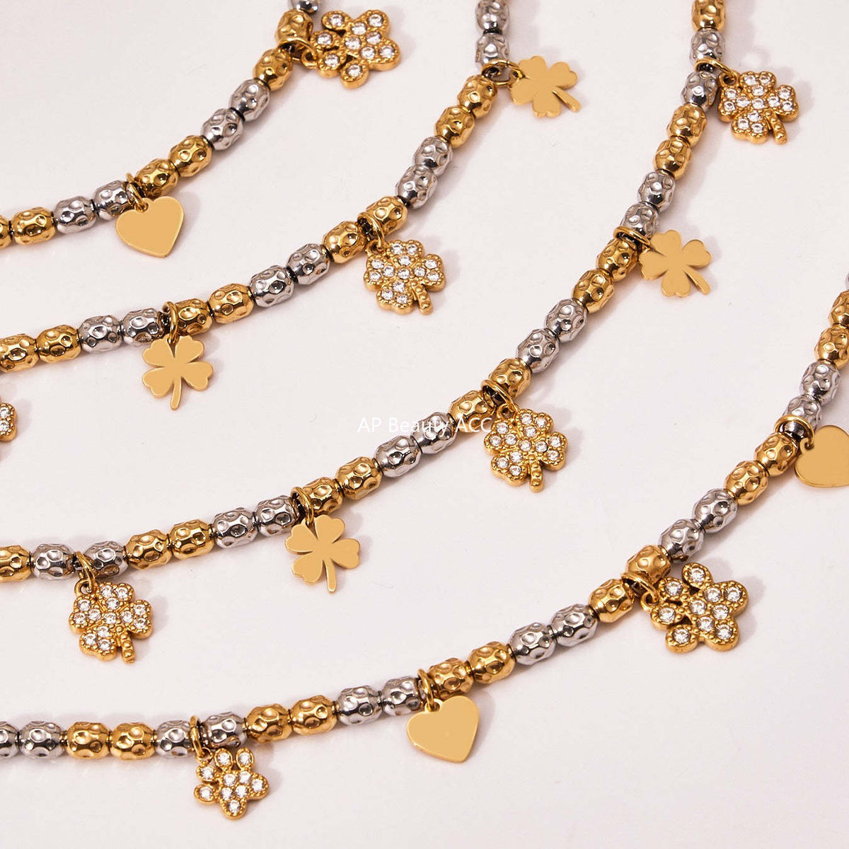 D관 - 스테인리스 투톤 네잎클로버 큐빅 펜던트 18K 도금 목걸이 팔찌 [TXP467-TXE467] 25.11-3