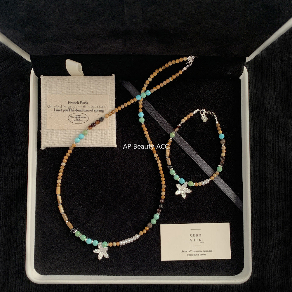 A관 - 925 실버 핸드메이드 진주 플라워 재스퍼 아게이트 팔찌 목걸이 [1540] 25.11-2