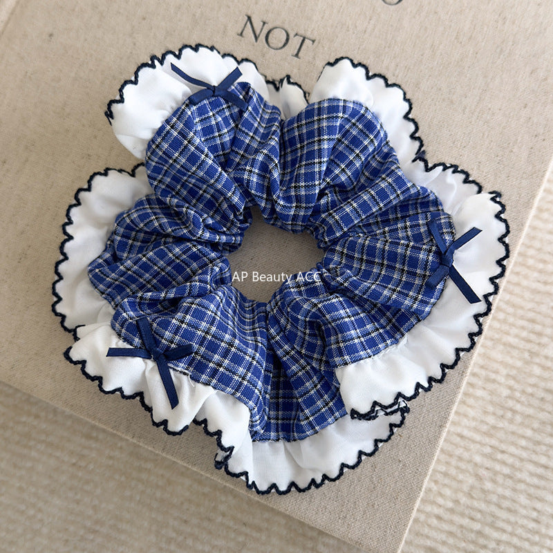 E관 - 블루 체크 패브릭 레이스 리본 곱창 헤어밴드 [26462] 25.10-2