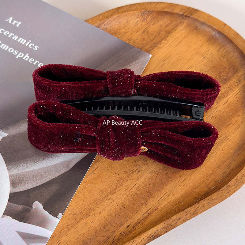 E관 - 글리터 벨벳 리본 모양 바나나 집게핀 [27763] 25.12-1