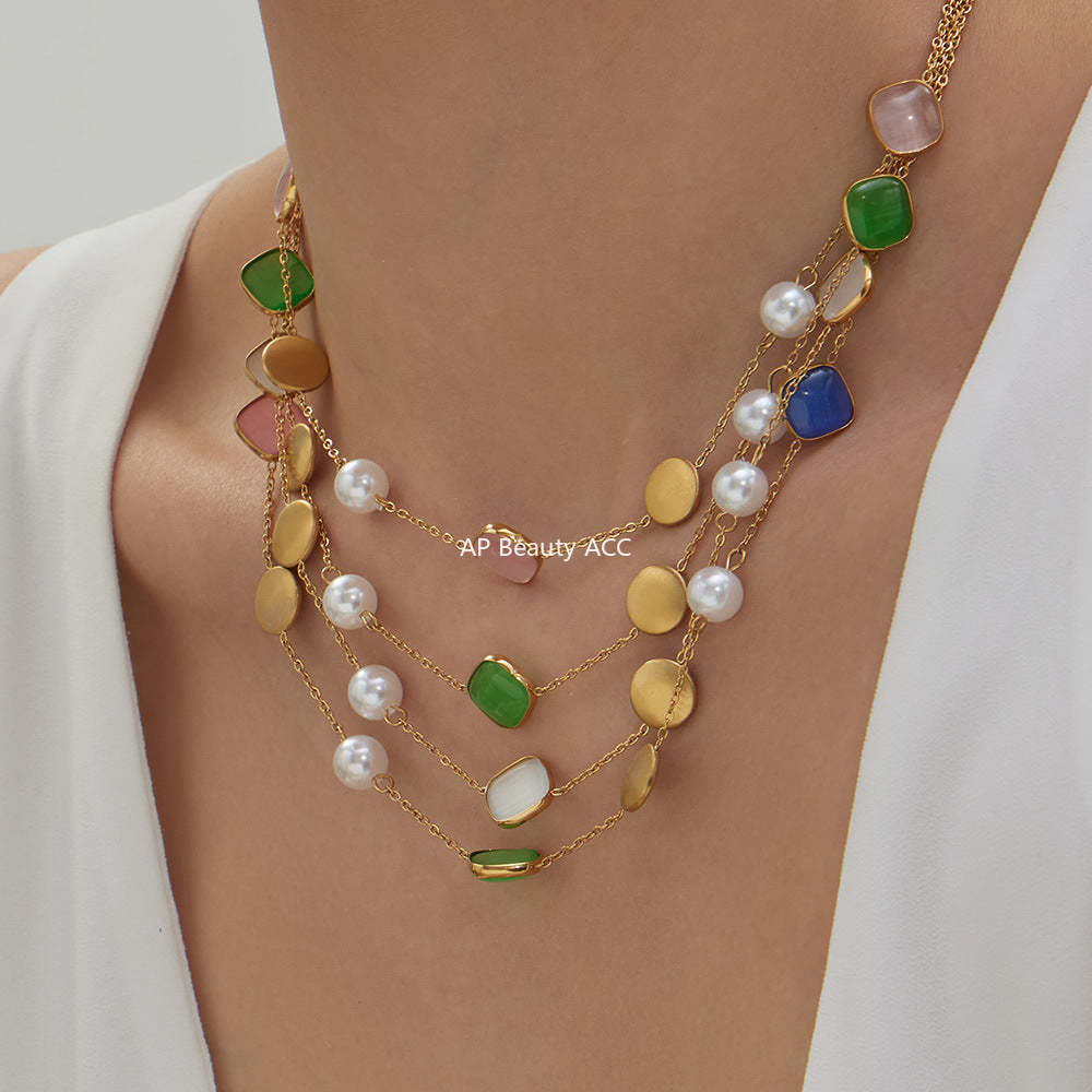 D관 - 묘안석 컬러 비즈 18K 도금 스테인리스 스틸 목걸이 [P822] 25.12-2