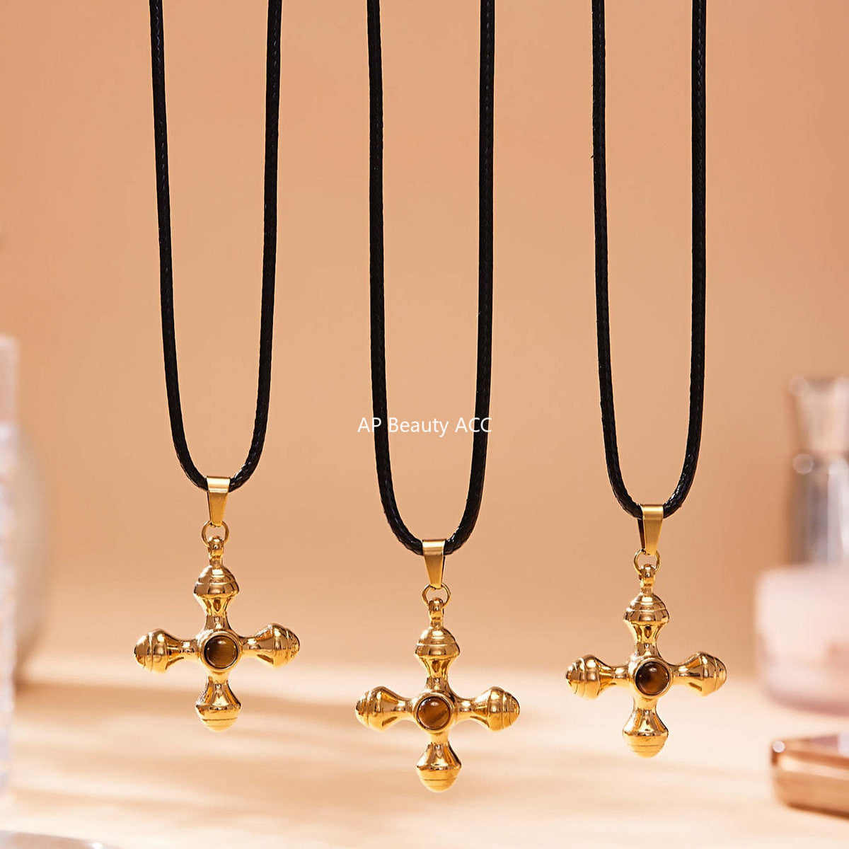 D관 - 호안석 십자가 레더 스트랩 스테인리스 롱 목걸이 [M082] 25.11-3