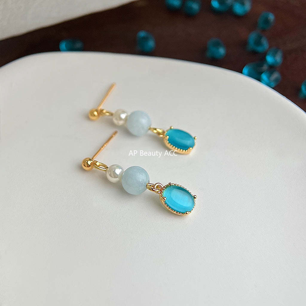 C관 - 글래스 묘안석 핸드메이드 진주 아쿠아마린 귀걸이 [5582] 25.02-3