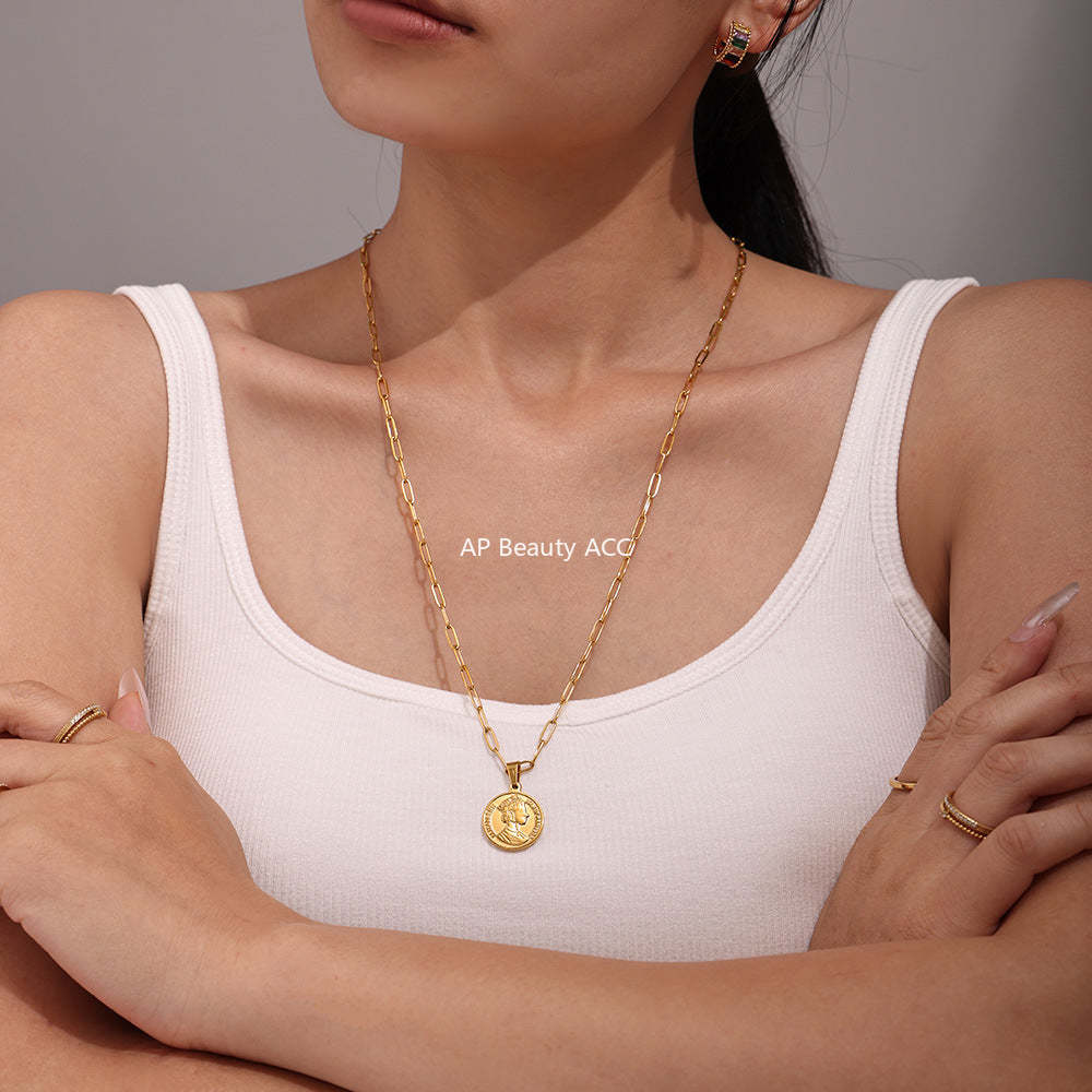D관 - 엘리자베스 여왕 이미지 더블 레이어 스테인리스 스틸 18K 도금 목걸이 [P2086-P1694] 24.11-1