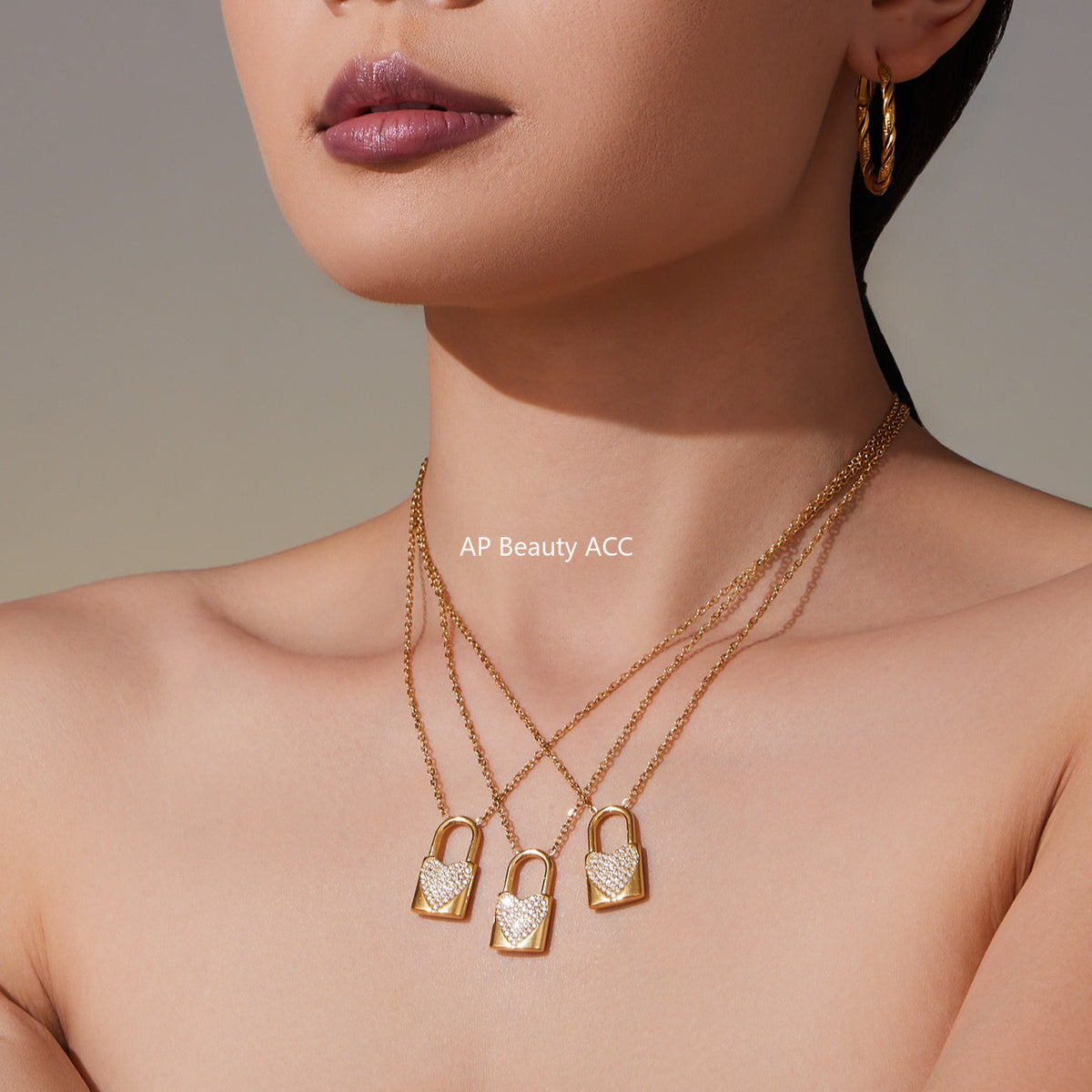 D관 - 18K 골드 도금 스테인리스 스틸 큐빅 하트 자물쇠 펜던트 목걸이 [P061] 25.10-1