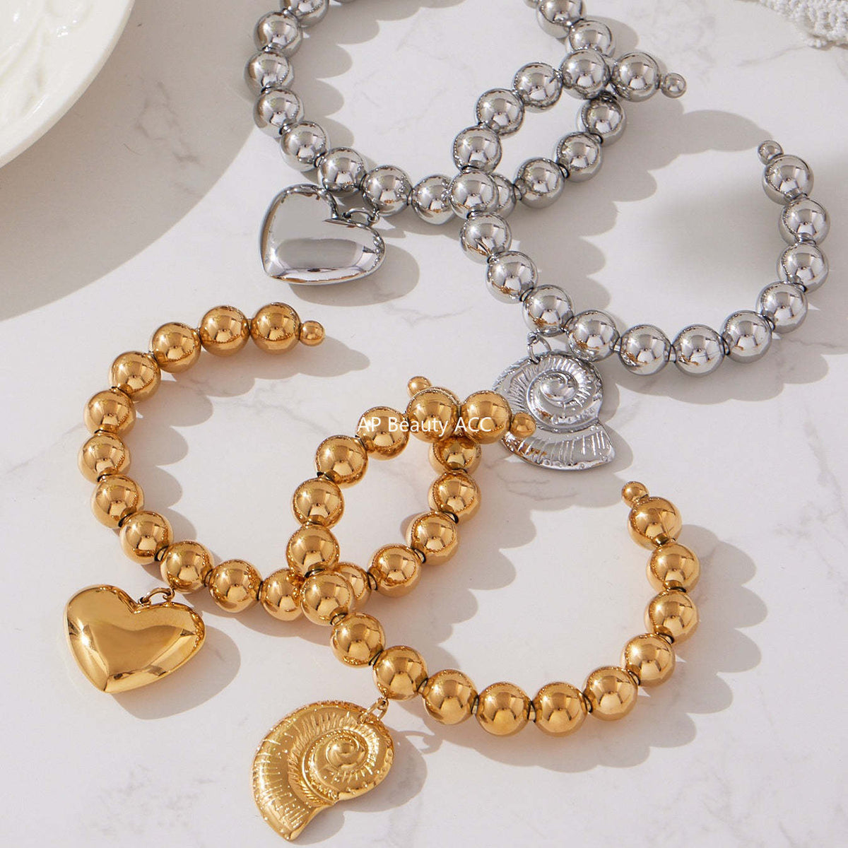 D관 - 스테인리스 18K 도금 대형 하트 펜던트 스틸볼 팔찌 [E701-E702] 25.10-5