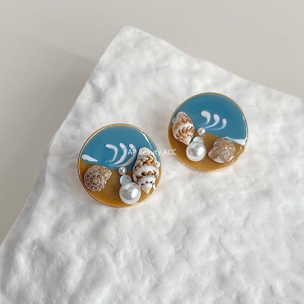 C관 - 소라 펜던트 담수 진주 바다 테마 14K 도금 귀걸이 [4368] 24.06-3