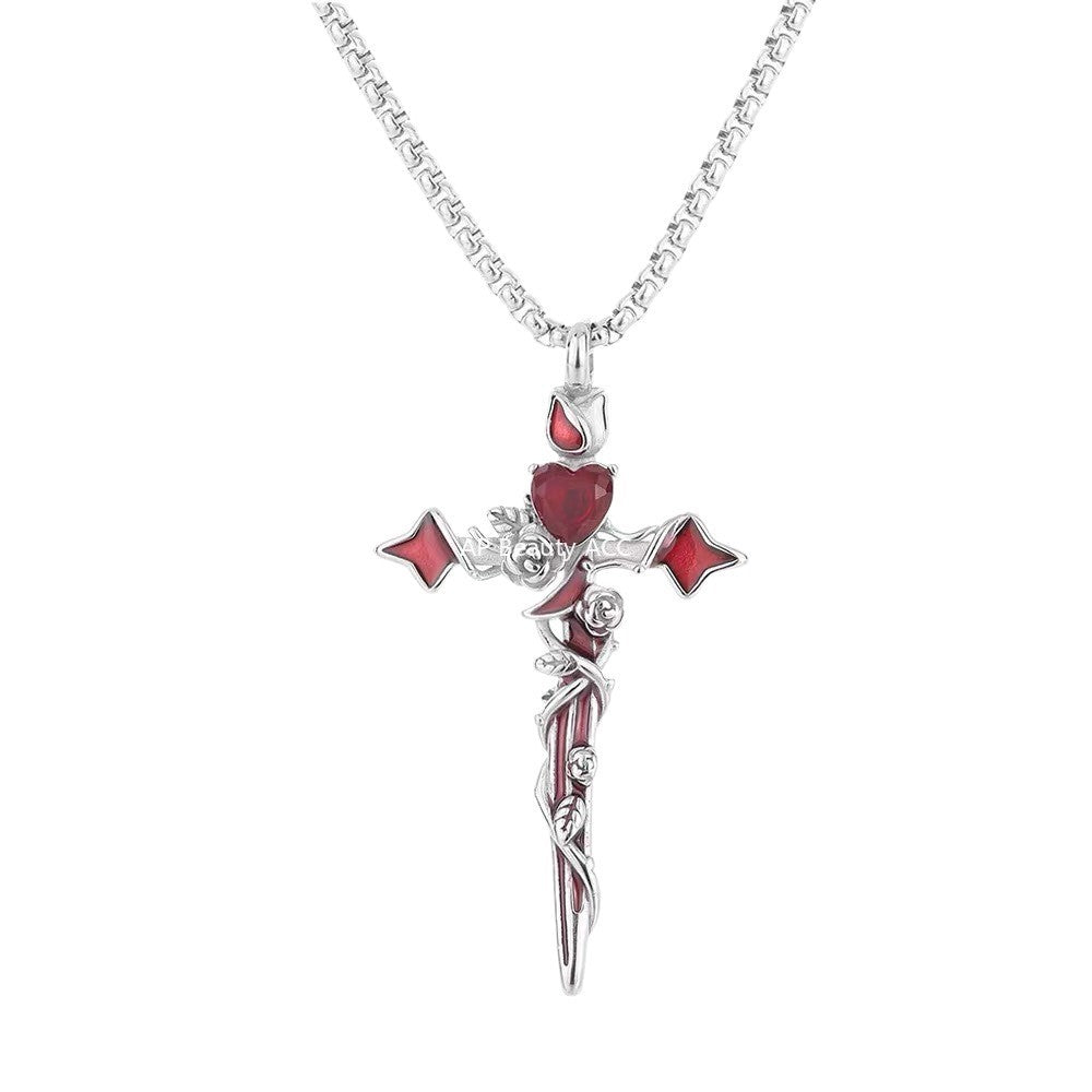 G관 - 큐빅 가시장미 십자가 하트 플라워 목걸이 [X1188] 25.10-1