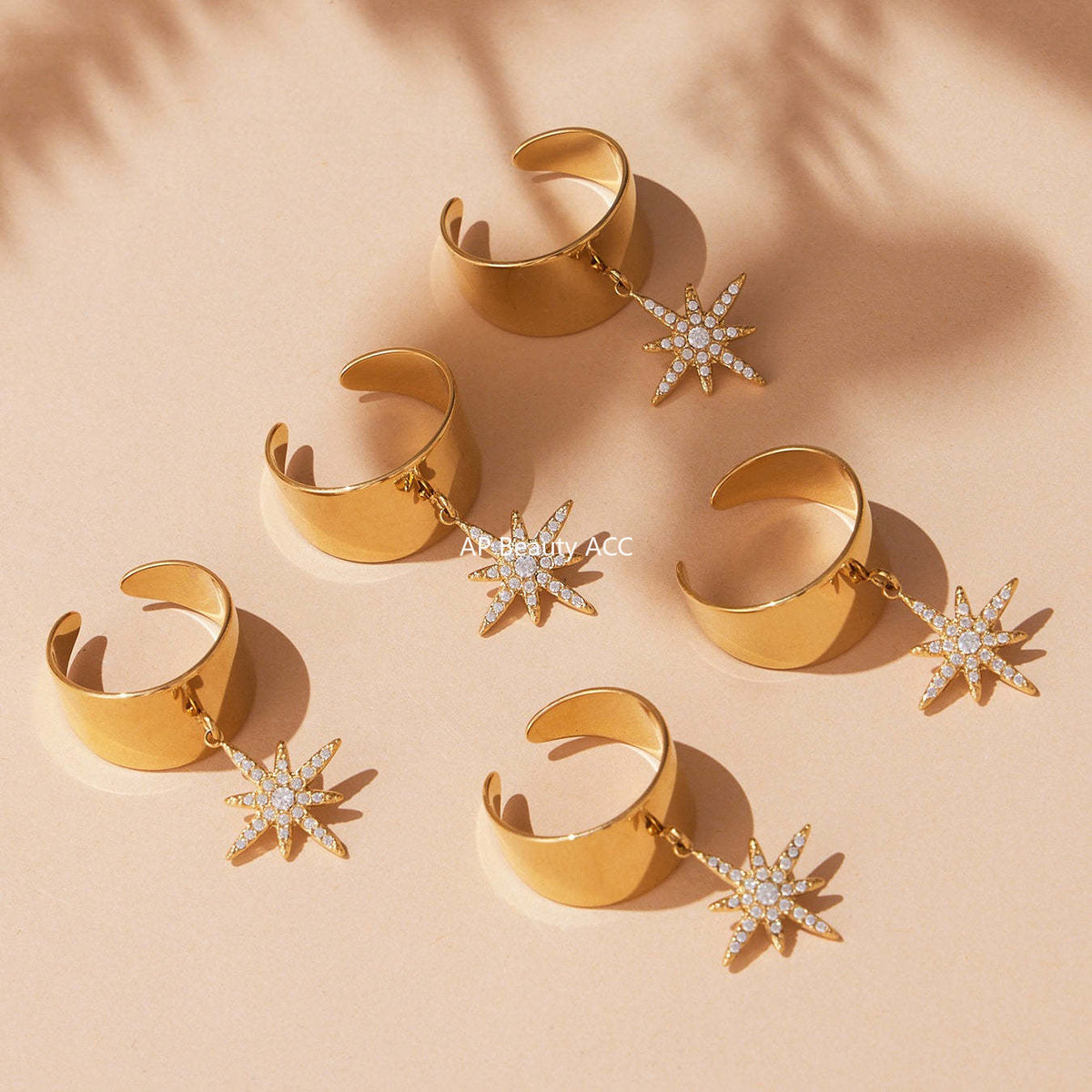 D관 - 스테인리스 스틸 와이드 별 큐빅 18K 골드 도금 오픈형 반지 [A074] 25.09-4