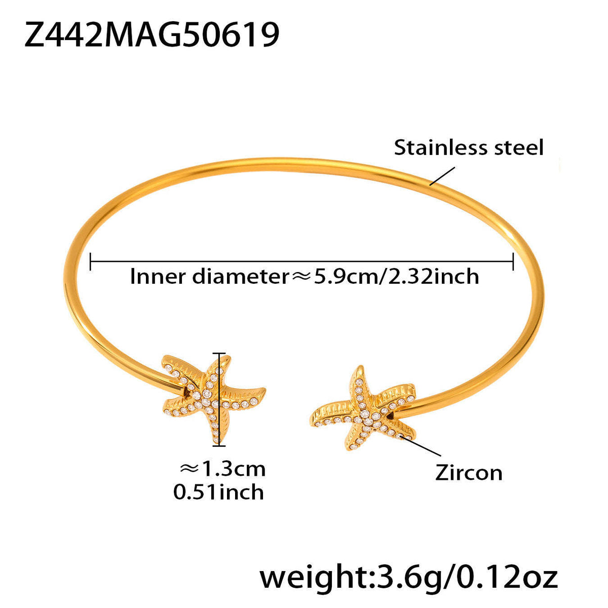 D관 - 18K 도금 스테인리스 스틸 큐빅 물고기 불가사리 오픈형 팔찌 [Z440-Z441] 25.06-4