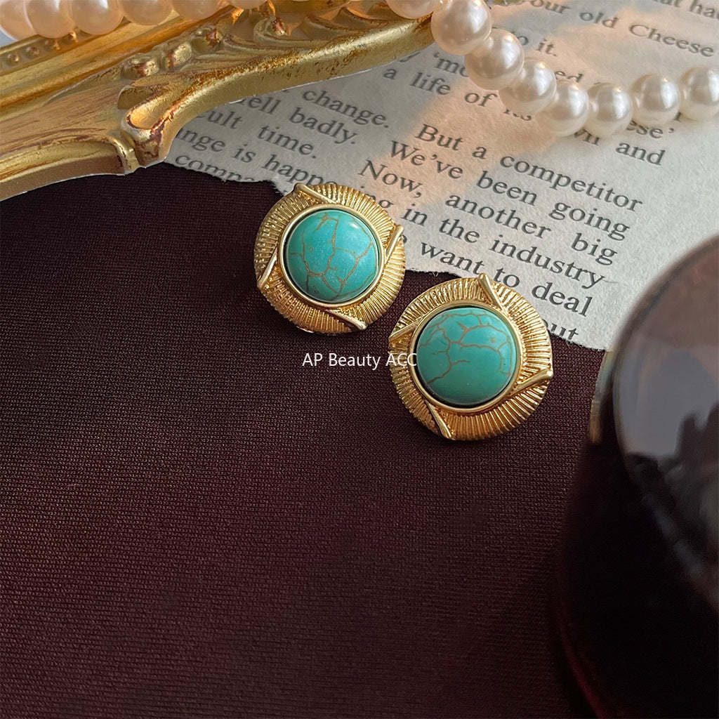 C관 - 복고풍 합성 터키석 14K 도금 원형 귀걸이 [4308] 24.06-4