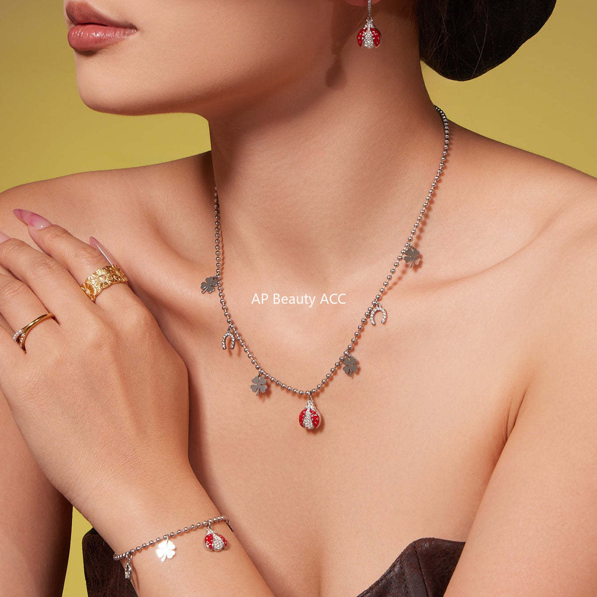 D관 - 스테인리스 스틸 무당벌레 큐빅 펜던트 목걸이 귀걸이 팔찌 발찌 [TXP479] 25.11-4