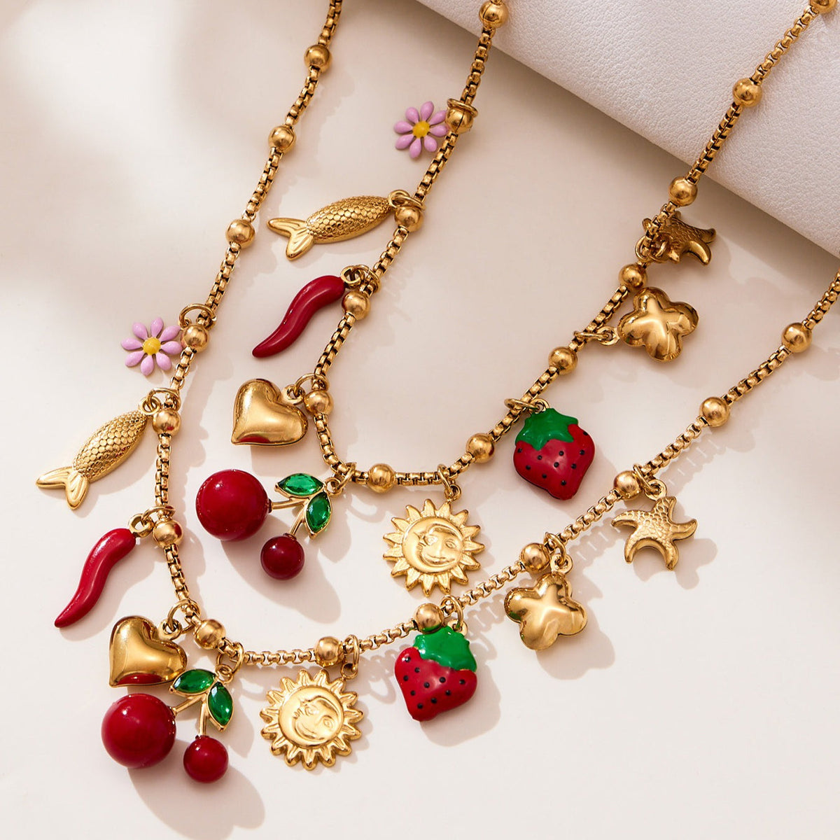 D관 - 18K 도금 스테인리스 스틸 체리 플라워 펜던트 목걸이 팔찌 [TXP449] 25.10-4