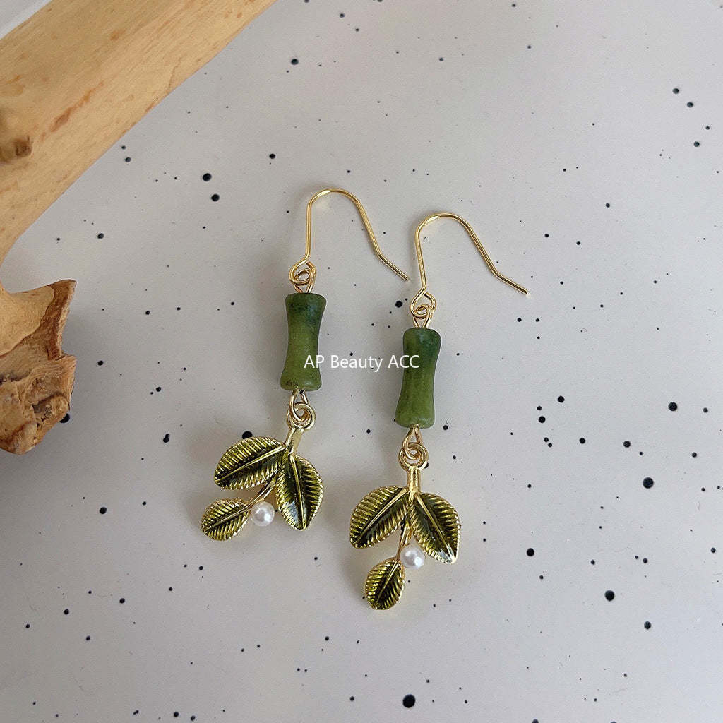 C관 - 천연석 대나무잎 모양 14K 도금 핸드메이드 디자이너 귀걸이 [3869] 24.04-4