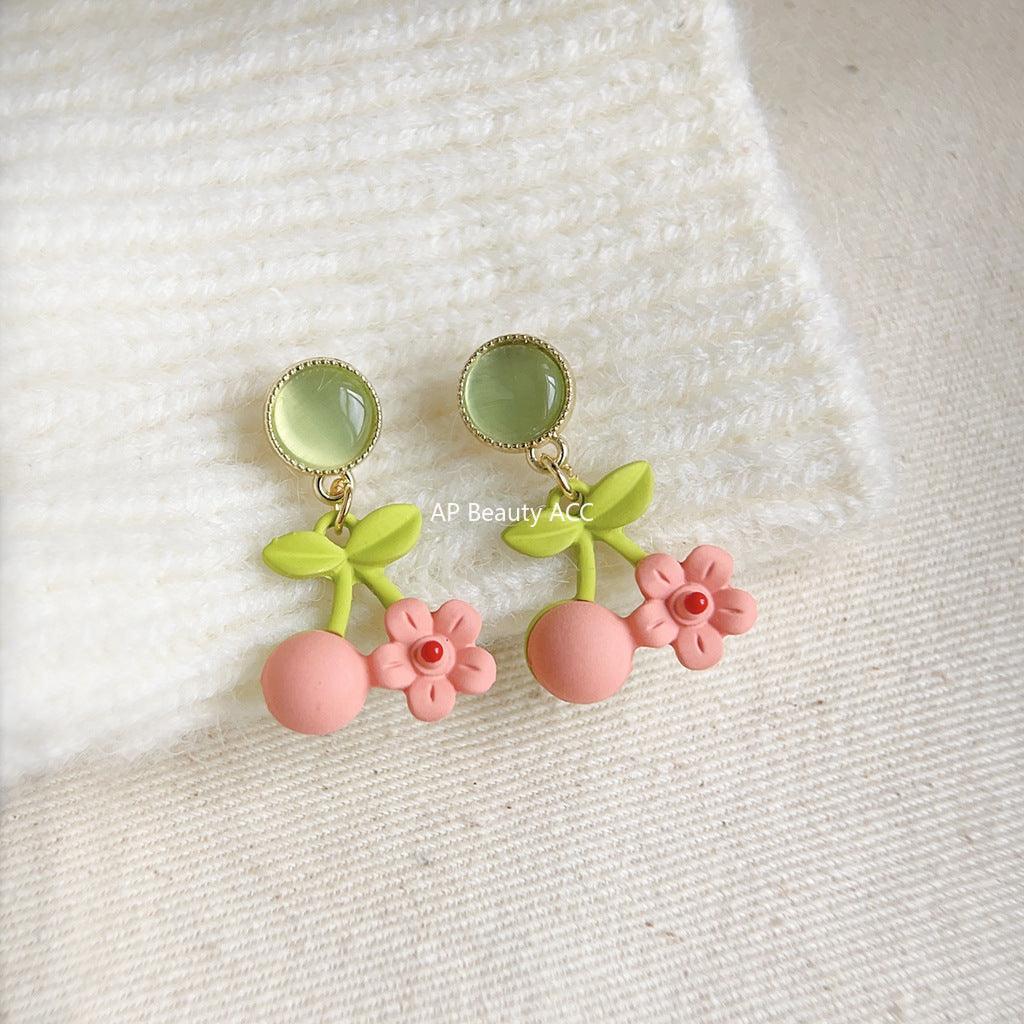 C관 - 산뜻한 유리 묘안석 꽃 벚꽃 은침 귀걸이 [3650] 24.03-4