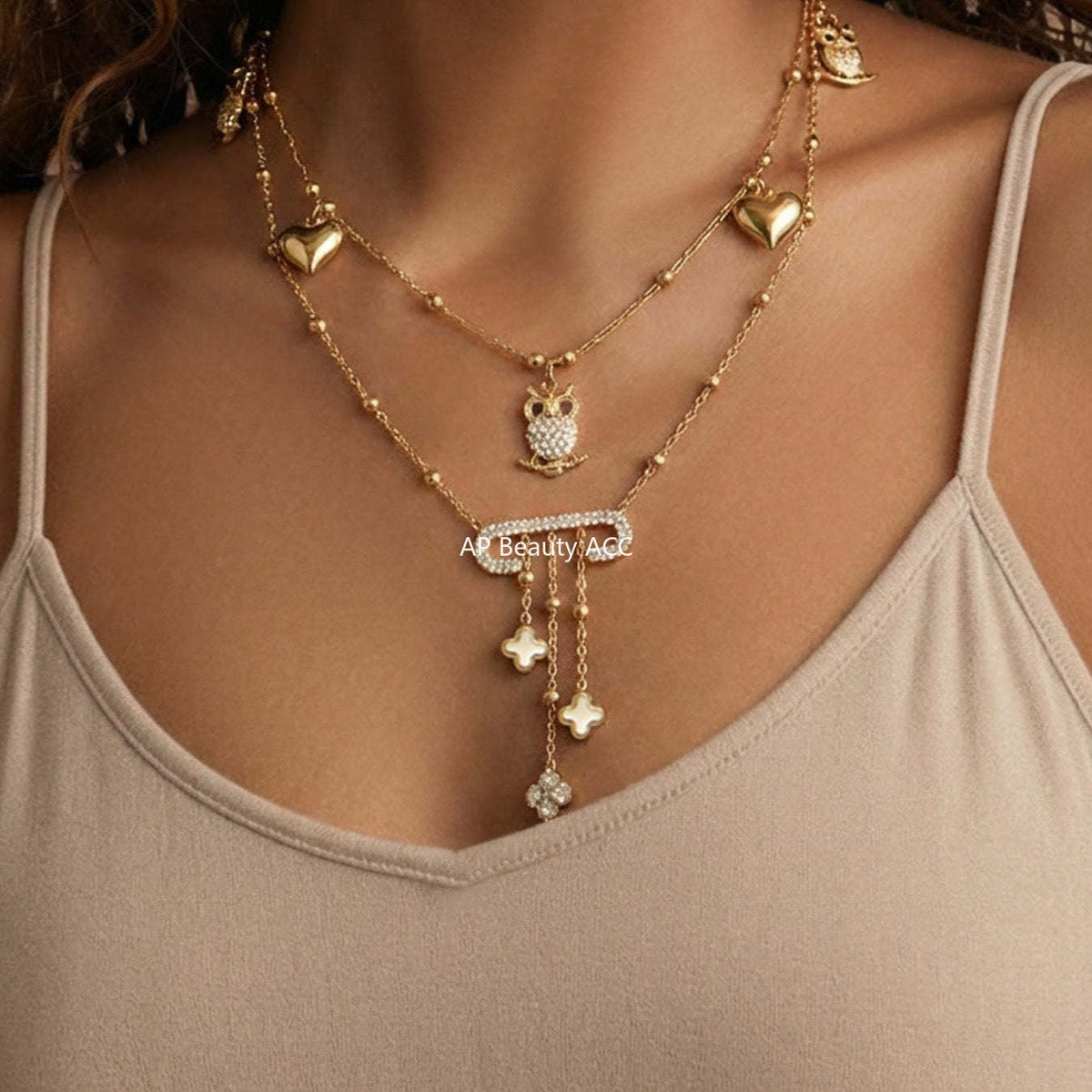 D관 - 스테인리스 스틸 18K 도금 부엉이 하트 큐빅 펜던트 목걸이 팔찌 [TXP528] 25.12-3