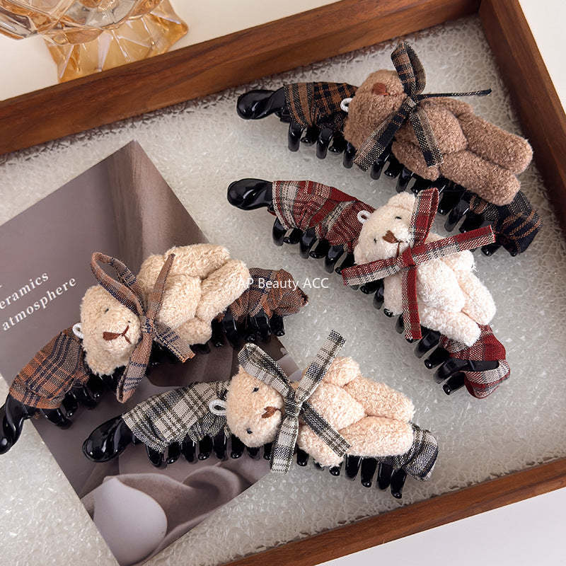 E관 - 체크 패브릭 리본 곰돌이 대형 집게핀 [27722] 25.11-4