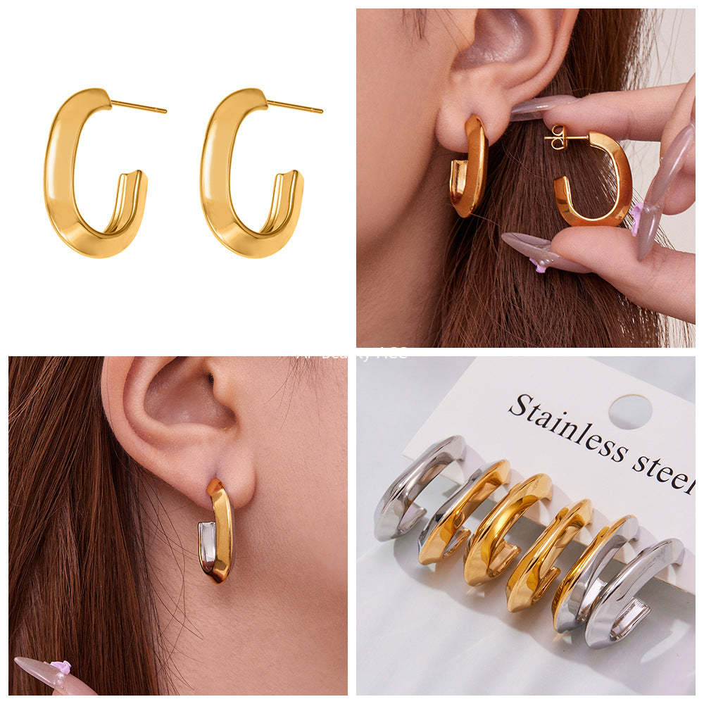 D관 - 스테인리스 18K 도금 삼각 곡면 디자인 귀걸이 [F623] 25.10-5