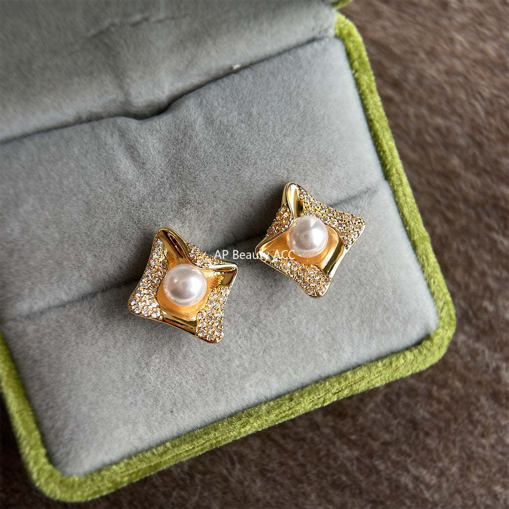 C관 - 925 은침 사각형 미니 큐빅 진주 귀걸이 [7143] 25.12-3