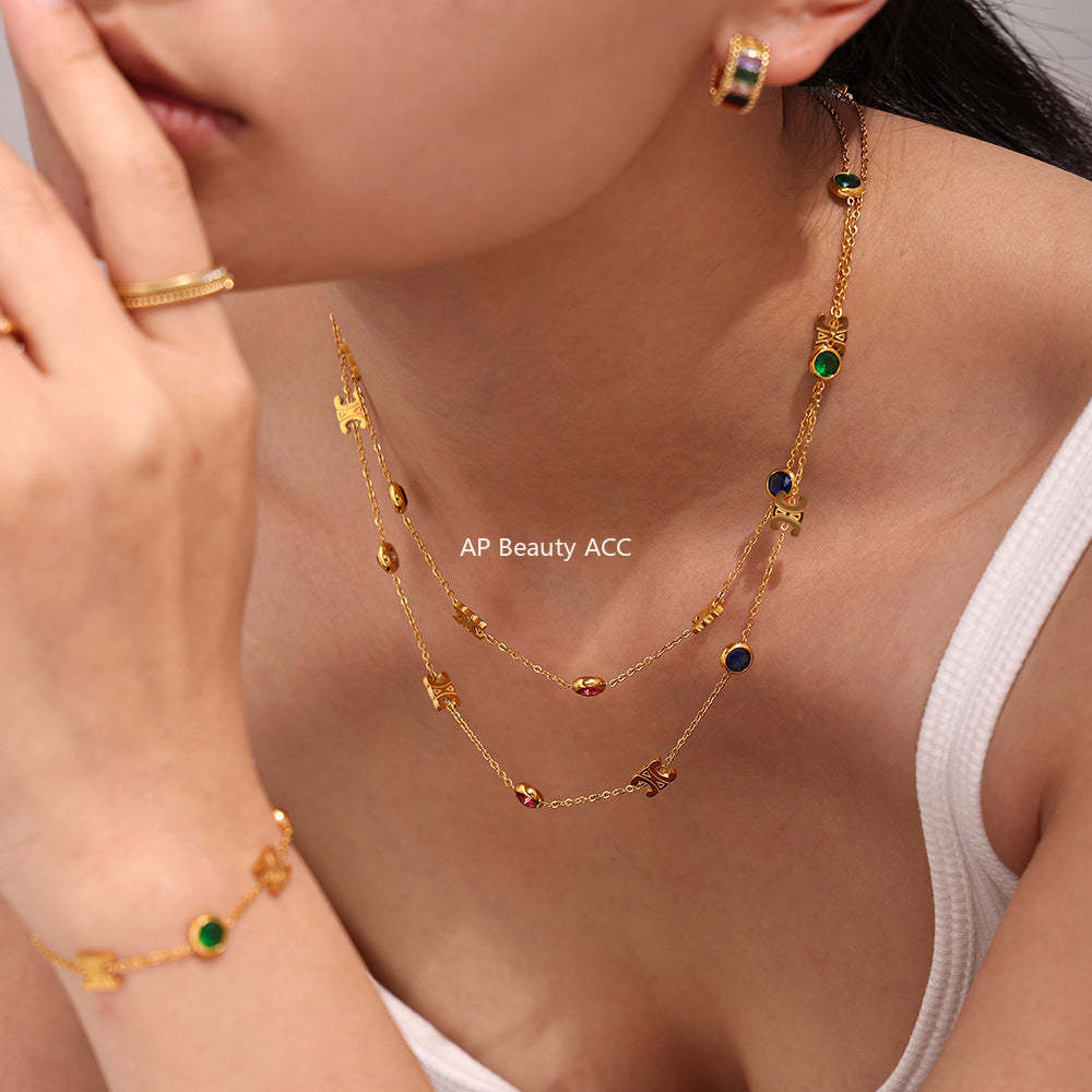 D관 - 더블 C 믹스 컬러 스테인리스 스틸 큐빅 PVD 18K 도금 변색 방지 목걸이 팔찌 [TXE171-TXP171] 24.11-1