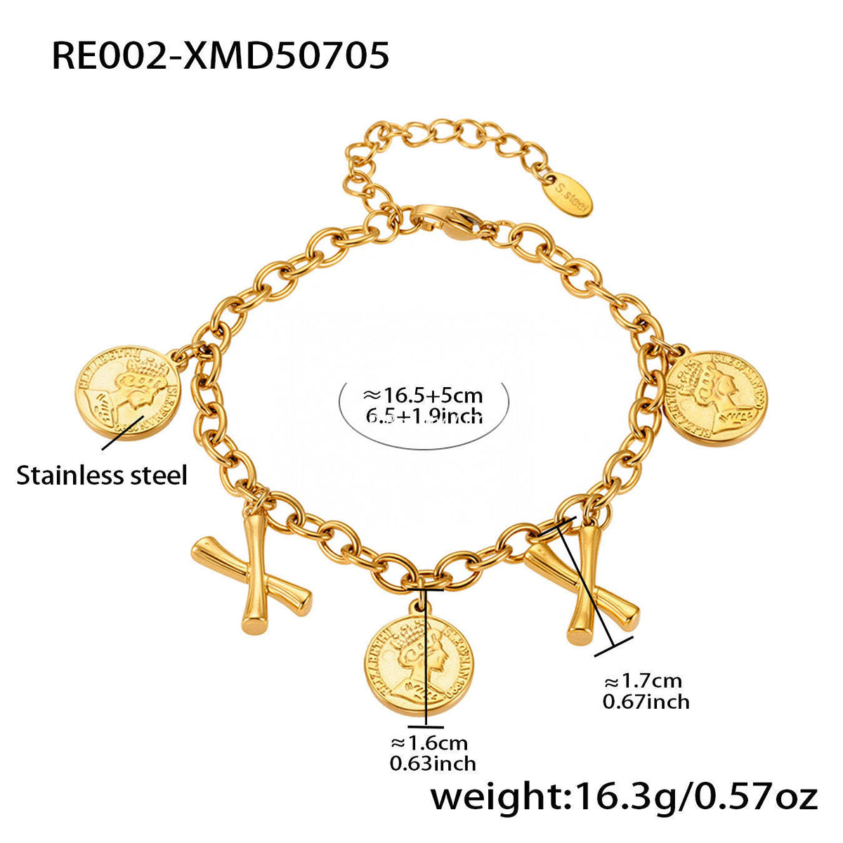 D관 - 알파벳 원형 펜던트 스테인리스 스틸 18K 도금 팔찌 [RE002] 25.07-2