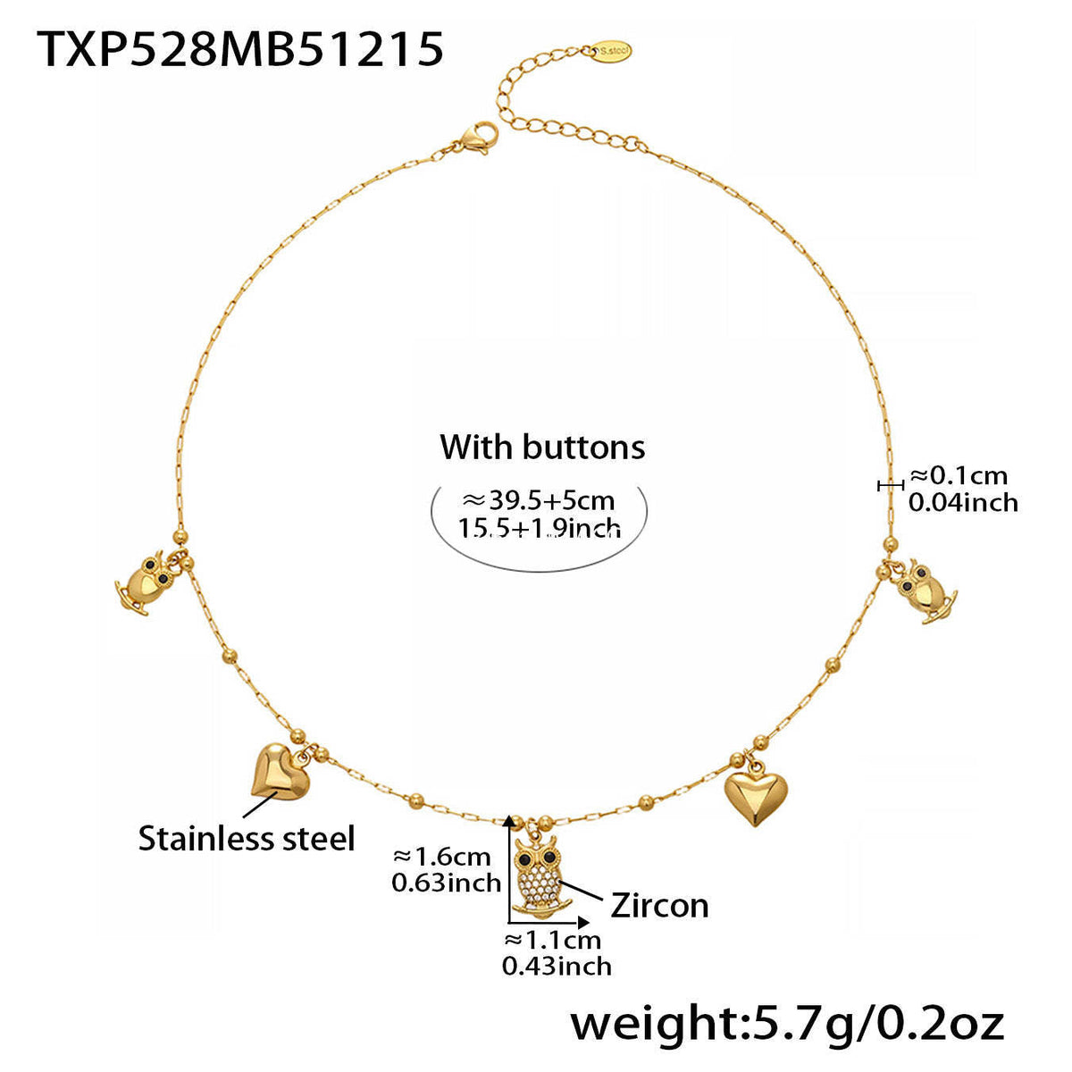 D관 - 스테인리스 스틸 18K 도금 부엉이 하트 큐빅 펜던트 목걸이 팔찌 [TXP528] 25.12-3