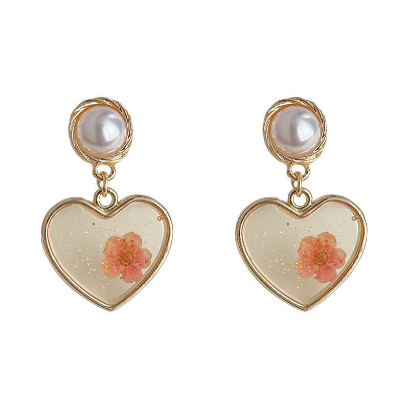 C관 - 숲 속 스타일 진 건조 꽃 오일 코팅 하트 수공예 14K 도금 은침 귀걸이 [3697] 24.04-2