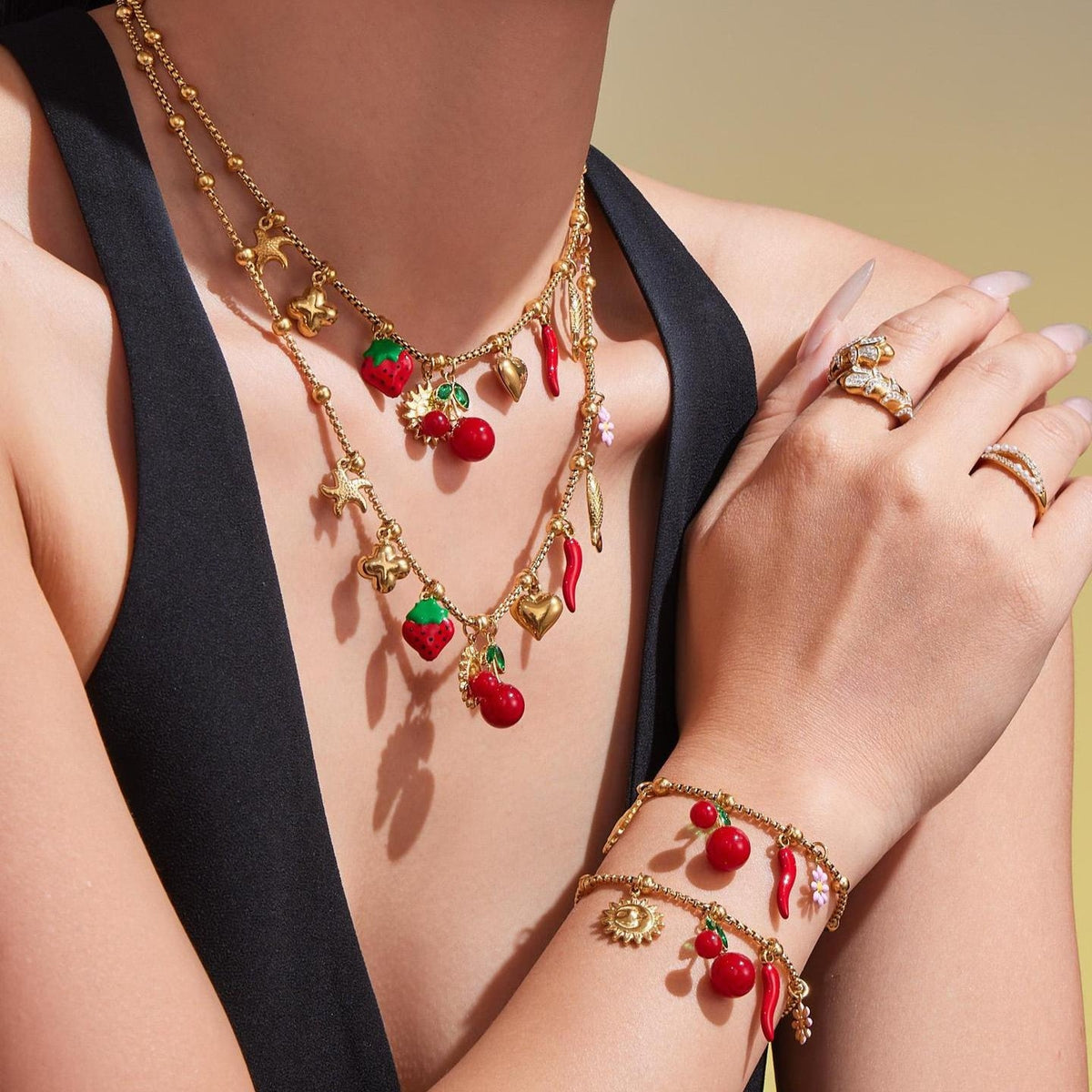 D관 - 18K 도금 스테인리스 스틸 체리 플라워 펜던트 목걸이 팔찌 [TXP449] 25.10-4