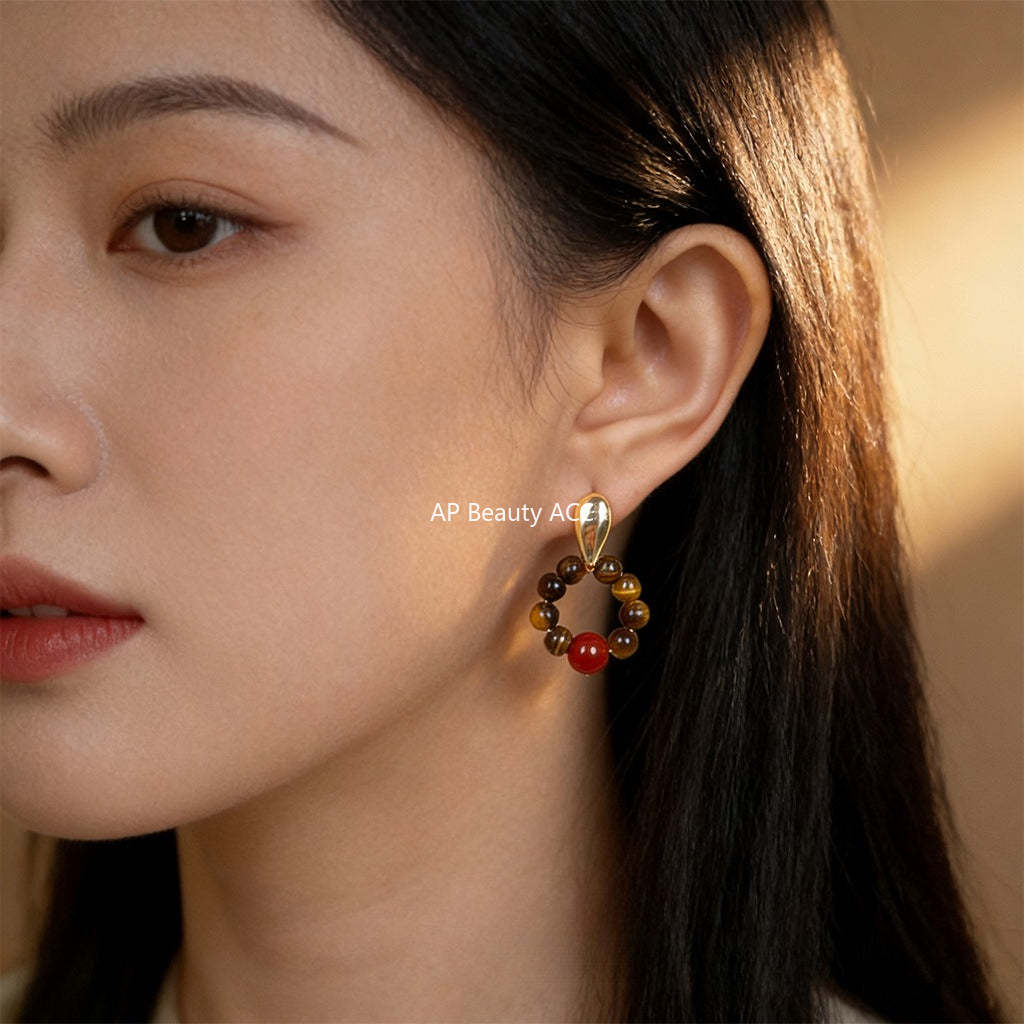 C관 - 천연 호안석 홍마노 원형 귀걸이 [7230] 25.12-3