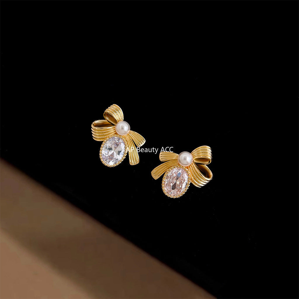 C관 - 925 은침 진주 큐빅 리본 귀걸이 [6913] 25.10-2